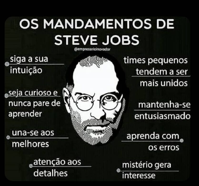 Imagem com fundo preto contendo um retrato estilizado de Steve Jobs ao centro e ao redor dele, frases inspiradoras conhecidas como "Os Mandamentos de Steve Jobs".
