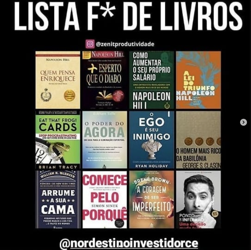 Imagem com lista de livros de desenvolvimento pessoal e finanças, incluindo títulos como 'Quem Pensa Enriquece' de Napoleon Hill, 'O Poder da Ação' e autores como Brian Tracy, Ryan Holiday e Simon Sinek.