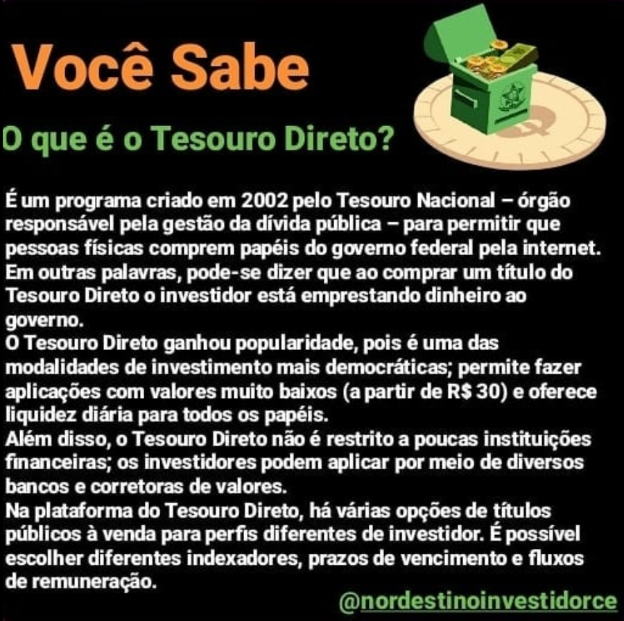 Imagem contendo informações sobre o Tesouro Direto, um programa do Tesouro Nacional que permite a pessoas físicas investirem em títulos públicos federais com valores a partir de R$ 30, oferecendo liquidez diária e diversidade de opções.
