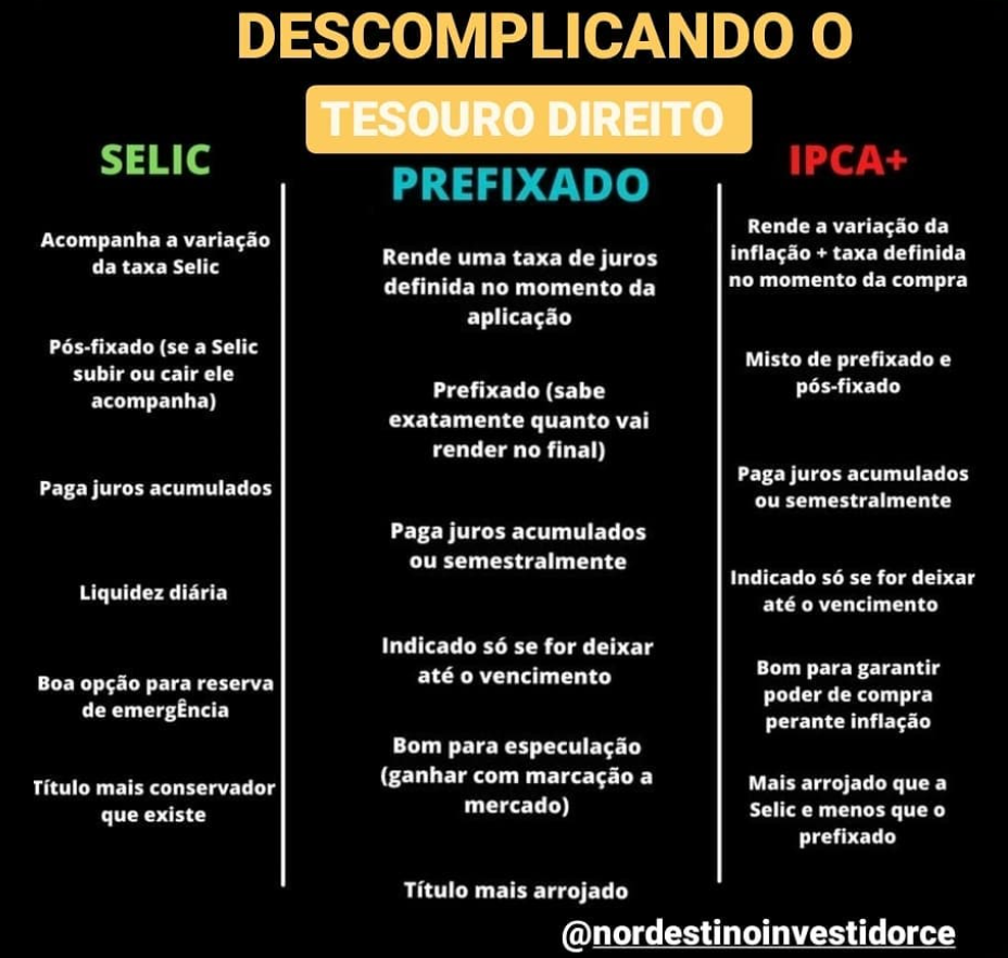 Infográfico explicativo sobre os tipos de títulos do Tesouro Direto: Prefixado, IPCA+ e Selic, com detalhes sobre rendimentos, prazos e perfis de investidor.