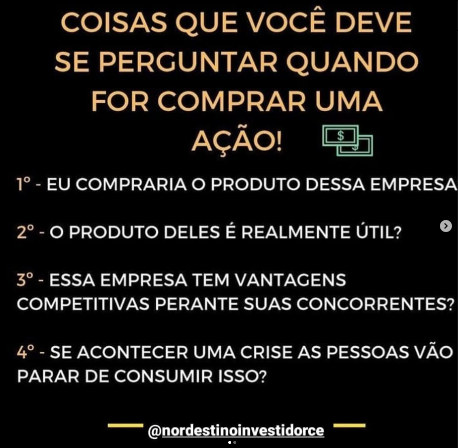 Imagem com checklist de 4 perguntas essenciais antes de comprar ações: qualidade do produto, utilidade, vantagens competitivas e resiliência em crises.