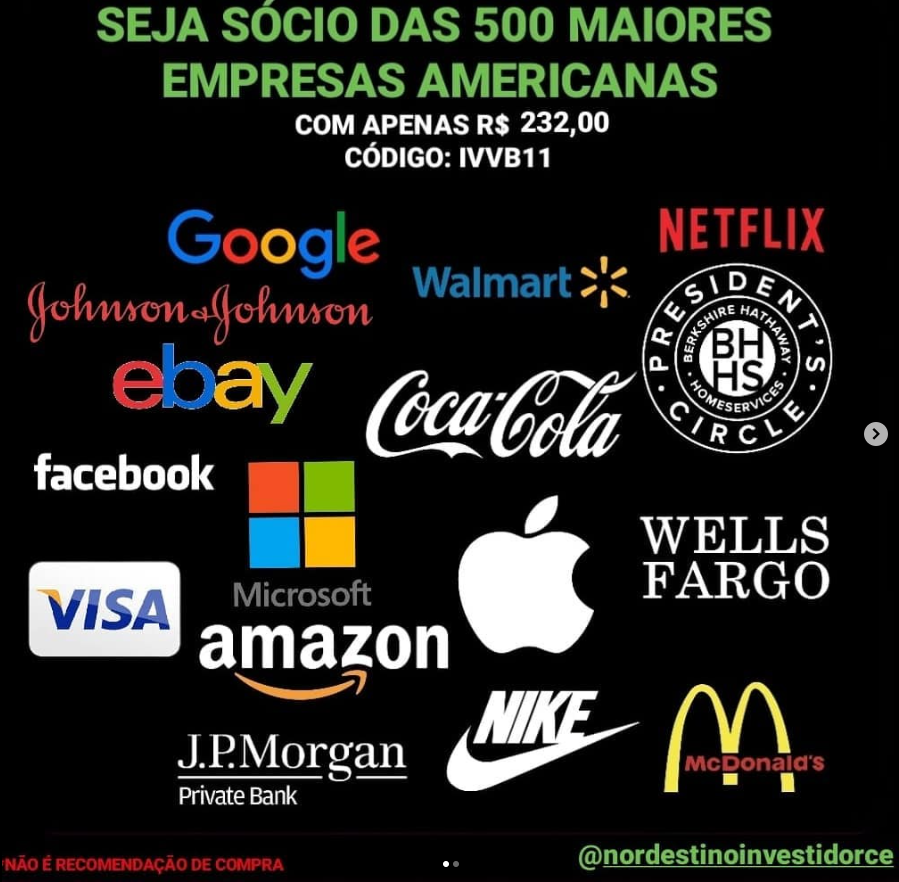 Imagem promovendo o investimento nas 500 maiores empresas americanas através do IVVB11, incluindo marcas como Google, Amazon e Coca-Cola.