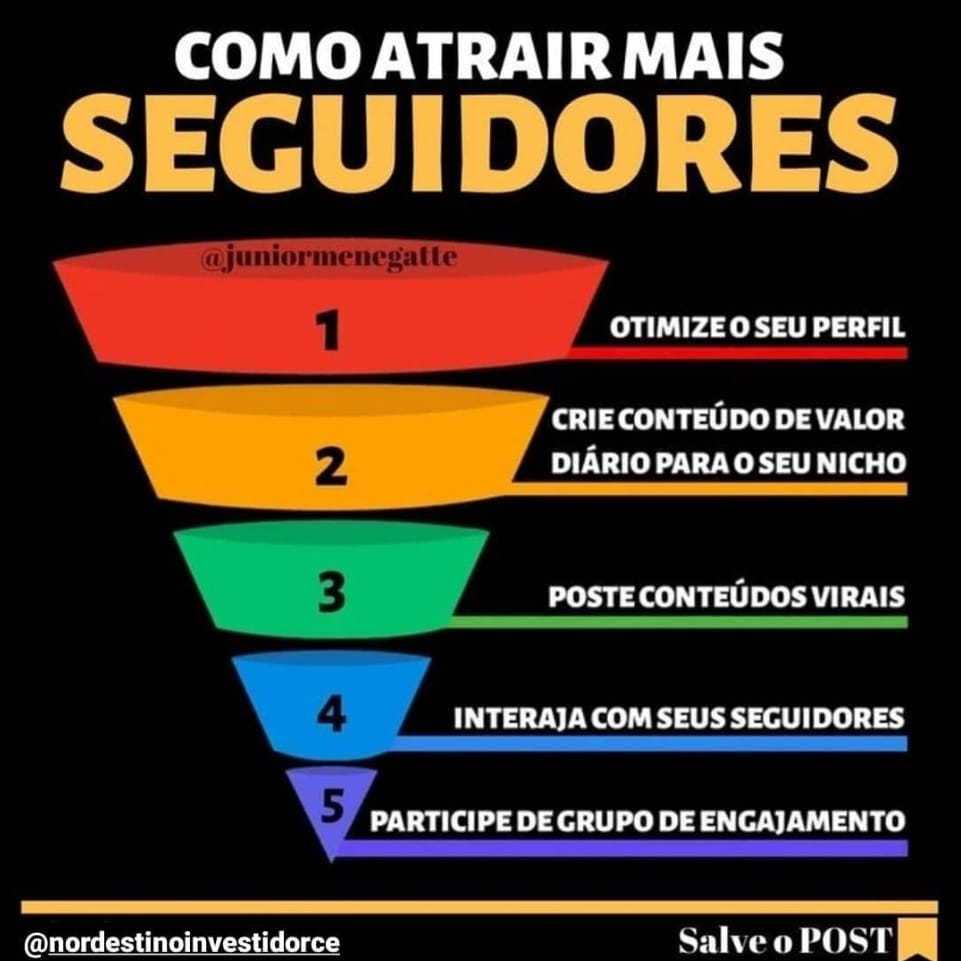 Infográfico em forma de funil com 5 passos para atrair mais seguidores. O título "Como Atrair Mais Seguidores" está no topo em letras brancas e amarelas. O funil é dividido em cinco seções coloridas: 1 (vermelho) "Otimize o seu perfil", 2 (amarelo) "Crie conteúdo de valor diário para o seu nicho", 3 (verde) "Poste conteúdos virais", 4 (azul) "Interaja com seus seguidores" e 5 (roxo) "Participe de grupo de engajamento". No canto inferior esquerdo, há o texto "@nordestinoinvestidorce" e no canto inferior direito, "Salve o POST" com um ícone de marcador.
