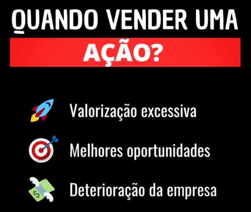 Imagem com três situações-chave para vender uma ação: valorização excessiva, surgimento de melhores oportunidades ou deterioração dos fundamentos da empresa.