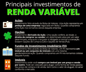 Infográfico explicando os principais investimentos de renda variável: Ações, Opções, Fundos de Investimento Imobiliário (FII) e Imóveis, com descrições sobre como funcionam e seus benefícios.