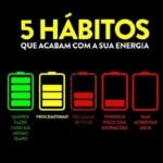 Imagem com os 5 hábitos que prejudicam a energia pessoal: multitarefa excessiva, procrastinação, negatividade, falta de foco e baixa autoestima.